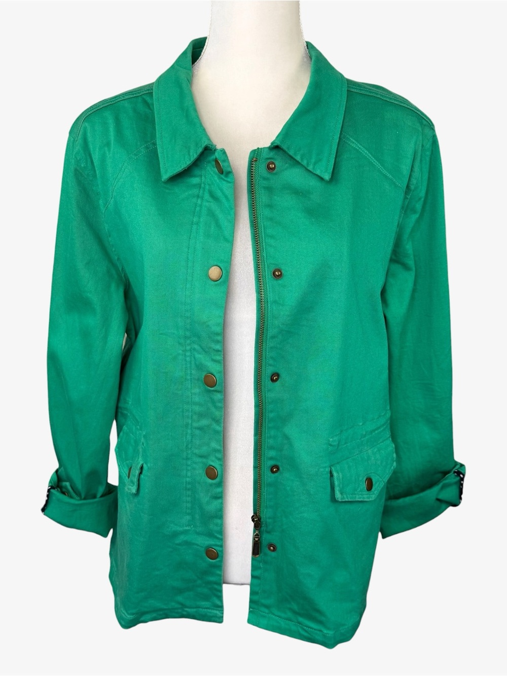 Market & Spruce Emerald Green Stretch Denim Utility Jacket Polka Dot Trim XL